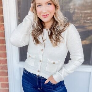 J Crew white cardigan style sweater top with gold buttons and braided trim sz M